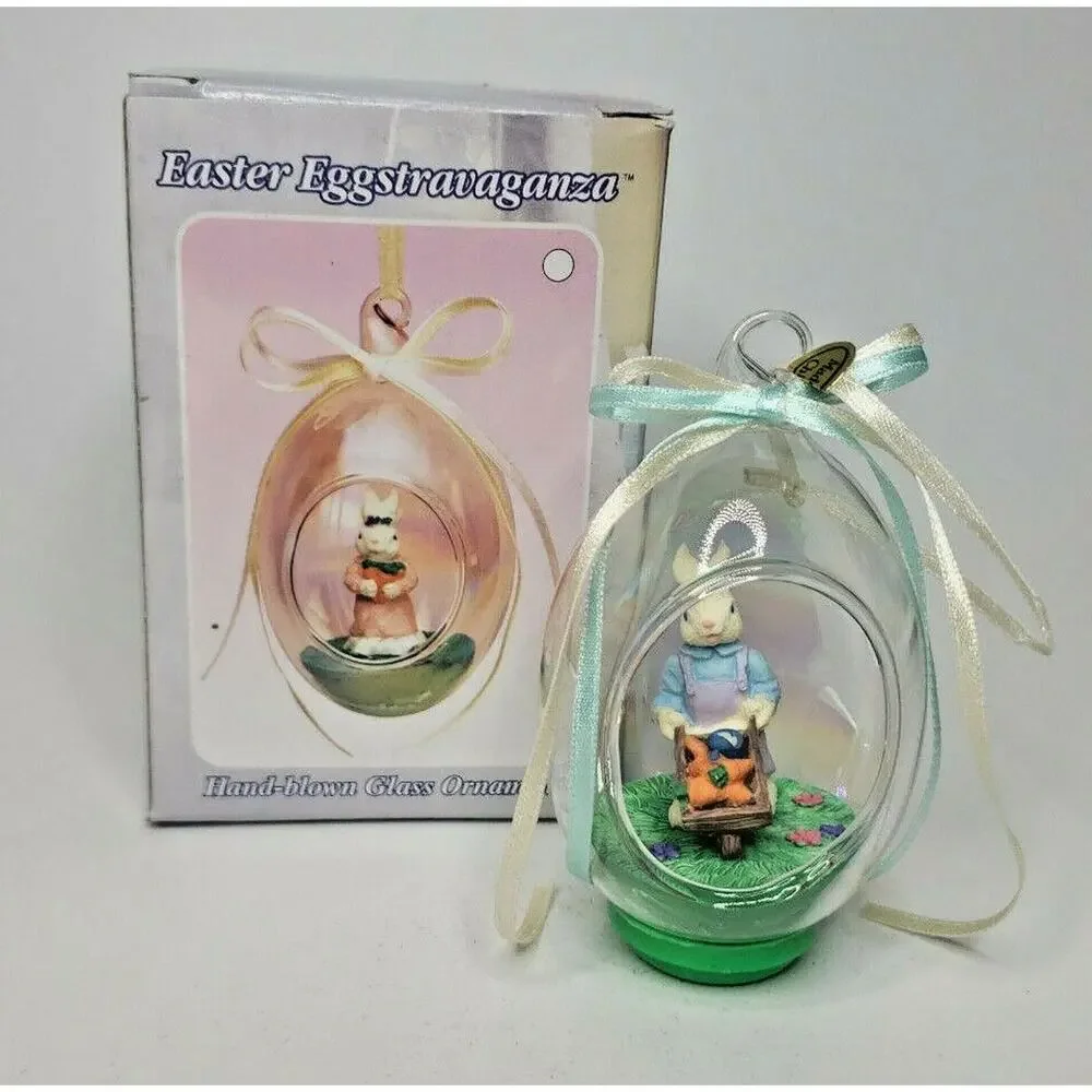 Vintage Hand Blown Glass Scene Inside Easter‎ Bunnies New In Box U77/19